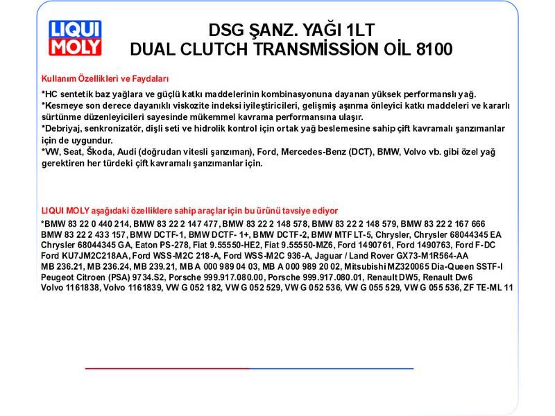 DSG ŞANZ. YAĞ 1LT DUAL CLUTCH TRANSMİSSİON OİL 8100