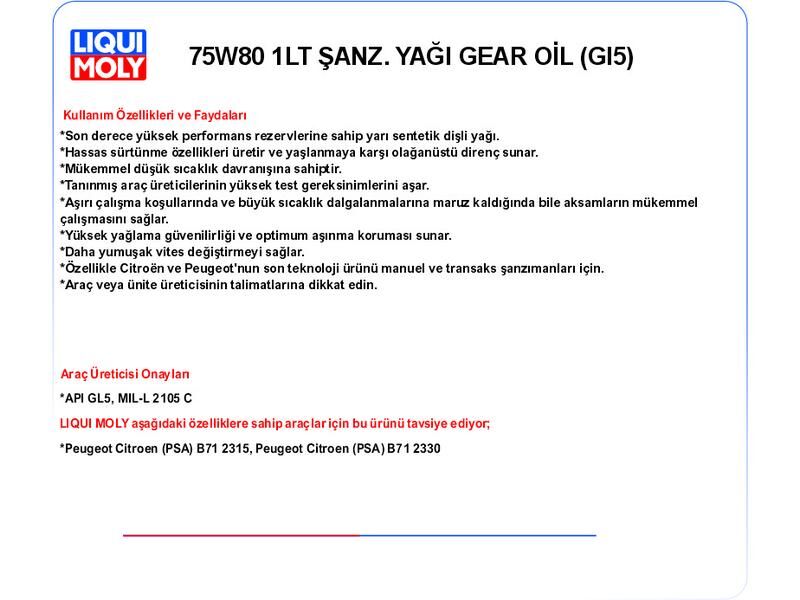 75W80 1LT ŞANZ. YAĞ GEAR OİL (GL5)