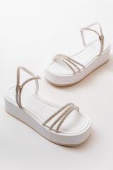 861-1100 Beyaz Günlük Gümüş Taşlı Dolgu Kadın Sandalet