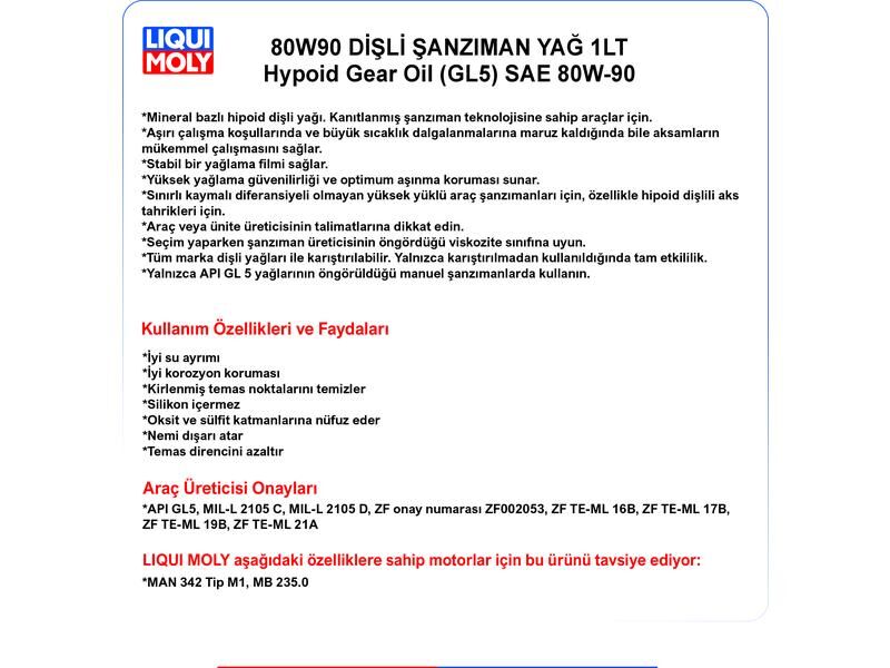 80W90 HYPOİD DİŞLİ YAĞ 1LT HYPOİD GEAR OİL (GL5)