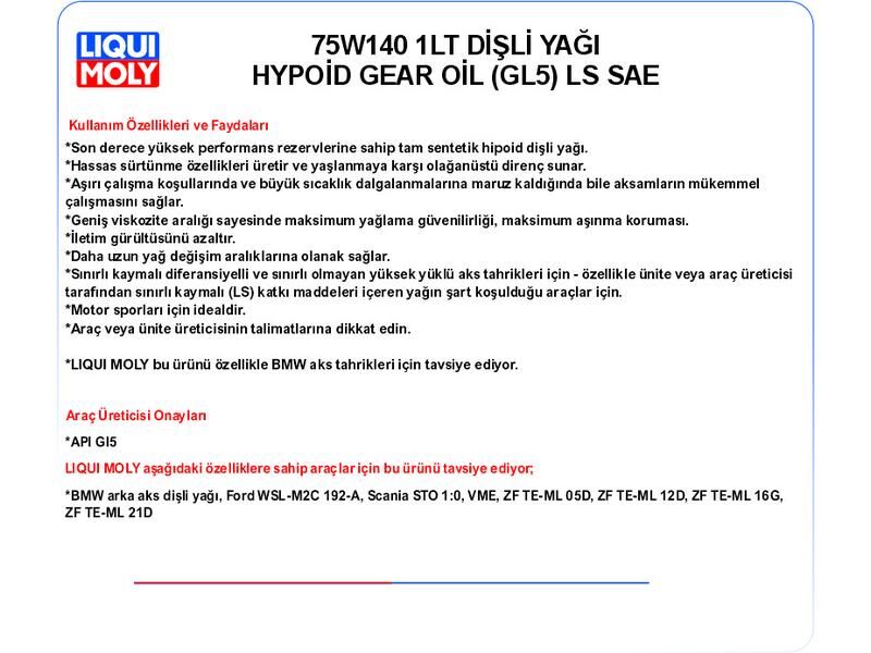 75W140 1LT DİŞLİ YAĞ FULLY SYNTHETİC HYPOİD GEAR OİL (GL5) LS SAE