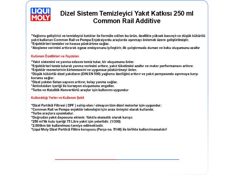 DİZEL SİST. TEMZ. YAKIT KATKISI 250ml COMMON RAİL ADDİTİVE