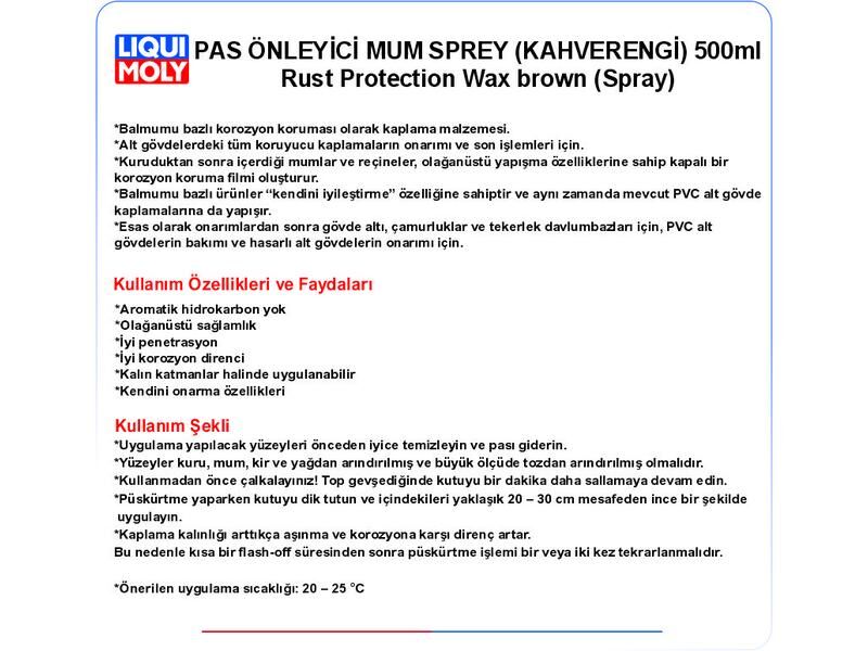 KOROZYON ÖNLEYİCİ MUM SPREY (KAHVERENGİ) 500ml RUST PROTECTİON WAX BROWN (SPRAY)