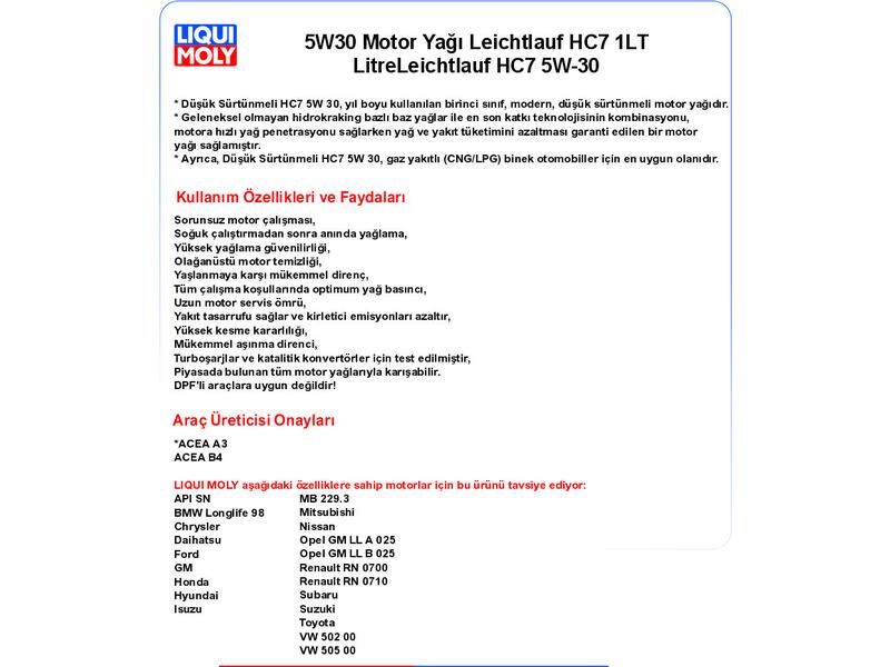 5W30 1LT MOTOR YAĞ LEİCHTLAUF HC7