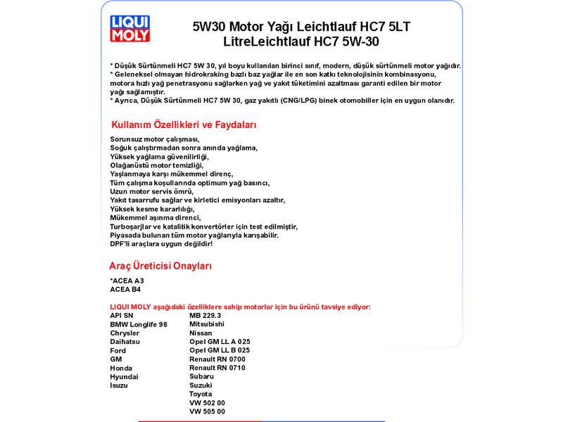 5W30 5LT MOTOR YAĞ LEİCHTLAUF HC7