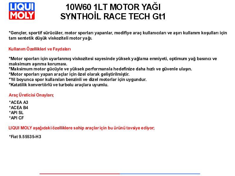 10W60 1LT MOTOR YAĞ SYNTHOİL RACE TECH GT1