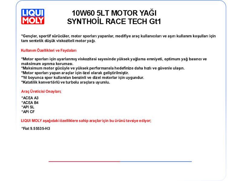 10W60 5LT MOTOR YAĞ SYNTHOİL RACE TECH GT1