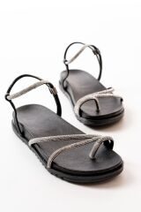 1001-1101 Siyah Gümüş Taşlı Günlük Kadın Sandalet