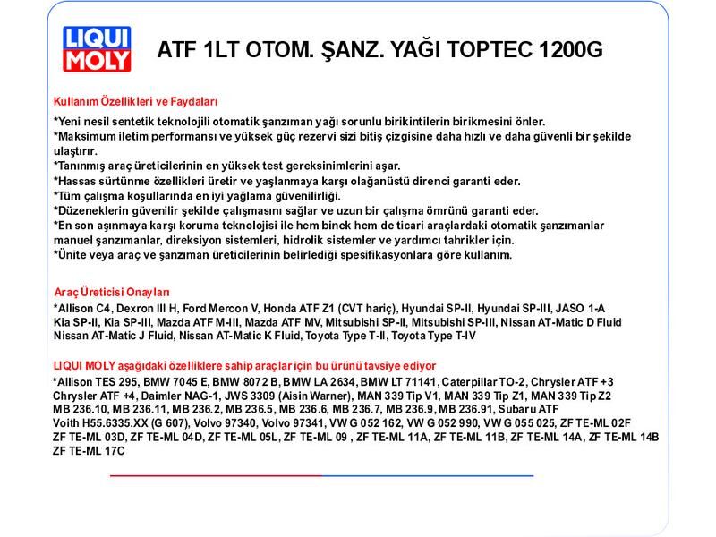 ATF 1LT OTOM. ŞANZ. YAĞ TOPTEC 1200G