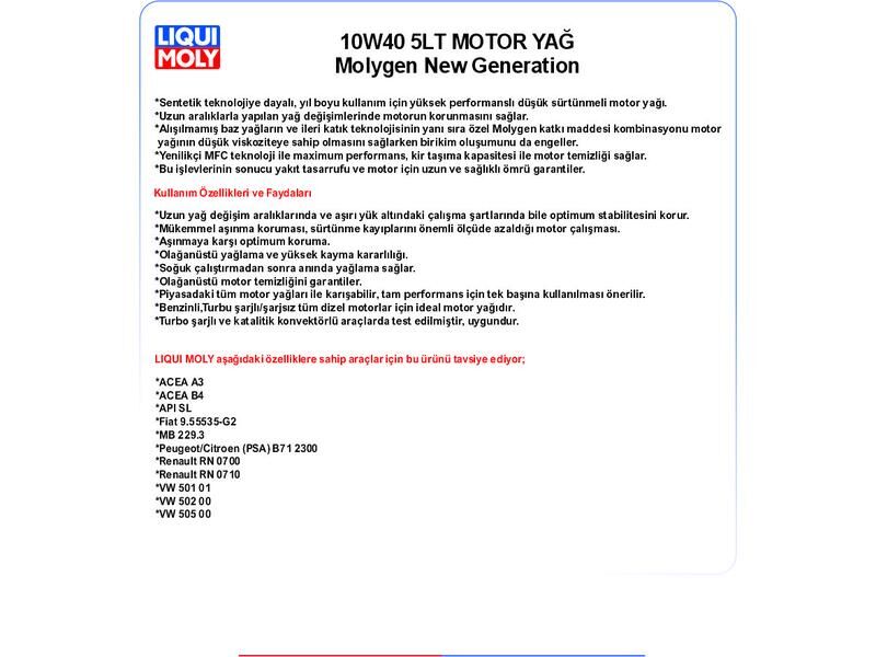 10W40 5LT MOTOR YAĞ MOLYGEN NEW GENERATİON