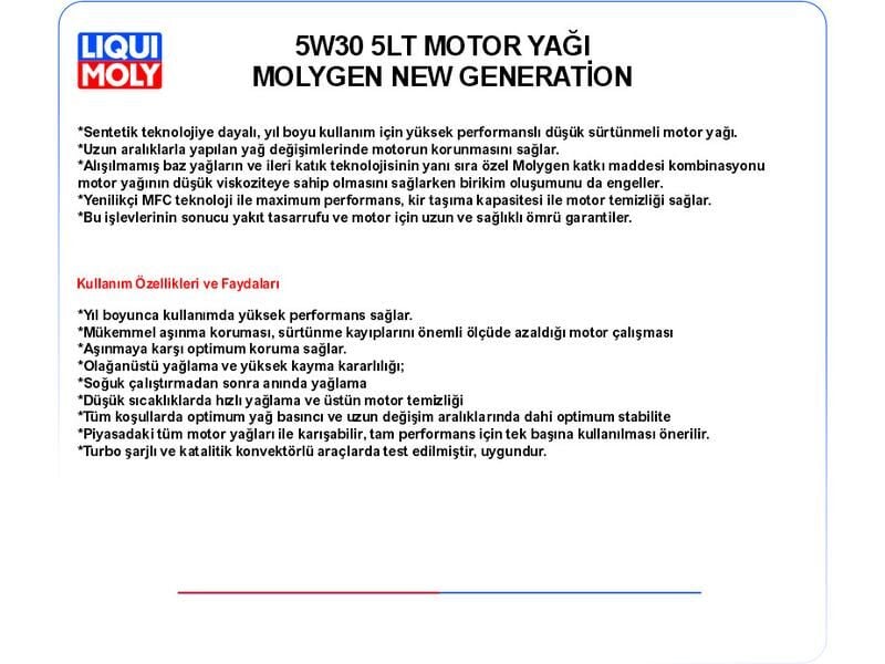 5W30 5LT MOTOR YAĞ MOLYGEN NEW GENERATİON