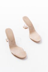 S-618 Bej Rugan Çift Bantlı Topuklu Kadın Terlik