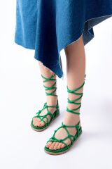 1001-1001 Çimen Yeşili  Bilekten Bağcıklı Kadın Sandalet