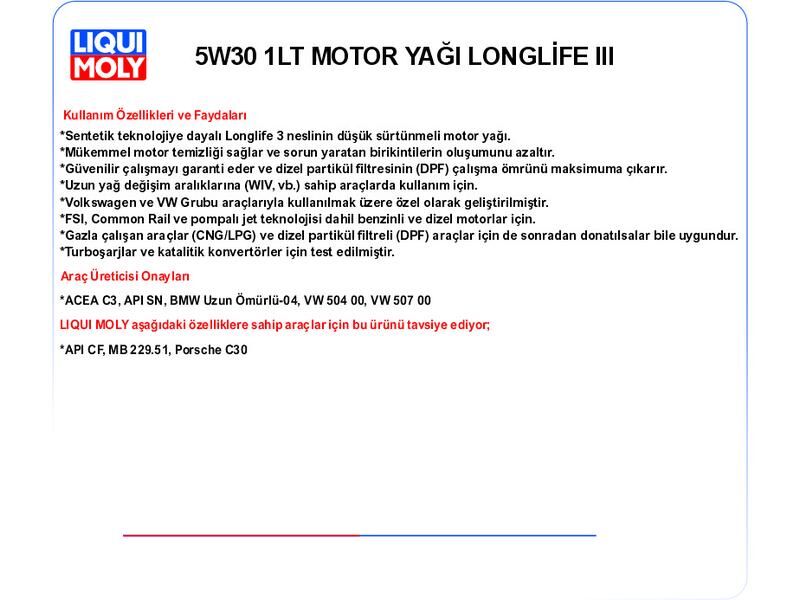 5W30 1LT MOTOR YAĞ LONGLİFE III