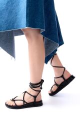 1001-1001 Siyah Bilekten Bağcıklı Kadın Sandalet