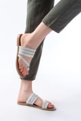 169-160 Beyaz  Örgülü Ortopedik Taban Parmak Arası Hakiki Deri Kadın Terlik