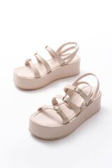 861-1222 Bej Tokalı Bilekten Bağlamalı Dolgu Kadın Sandalet