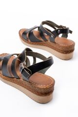 731-045 Siyah Çapraz Hakiki Deri Dolgu Topuklu Günlük Kadın Sandalet