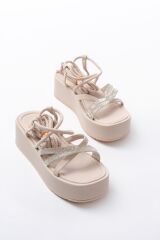 861-1010 Bej Gümüş Taşlı Bilekten Bağlamalı Kadın Sandalet