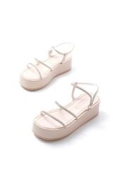 861-1008 Bej Gümüş Taşlı Dolgu Topuklu Kadın Sandalet