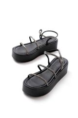 861-1008 Siyah Platin Taşlı Dolgu Topuklu Kadın Sandalet