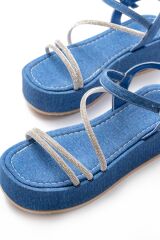 861-1017 Mavi Kot Taşlı Dolgu Topuklu Kadın Sandalet