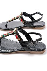 152-1110 Siyah Multi Cam Kırığı Taşlı Parmak Arası Kadın Sandalet