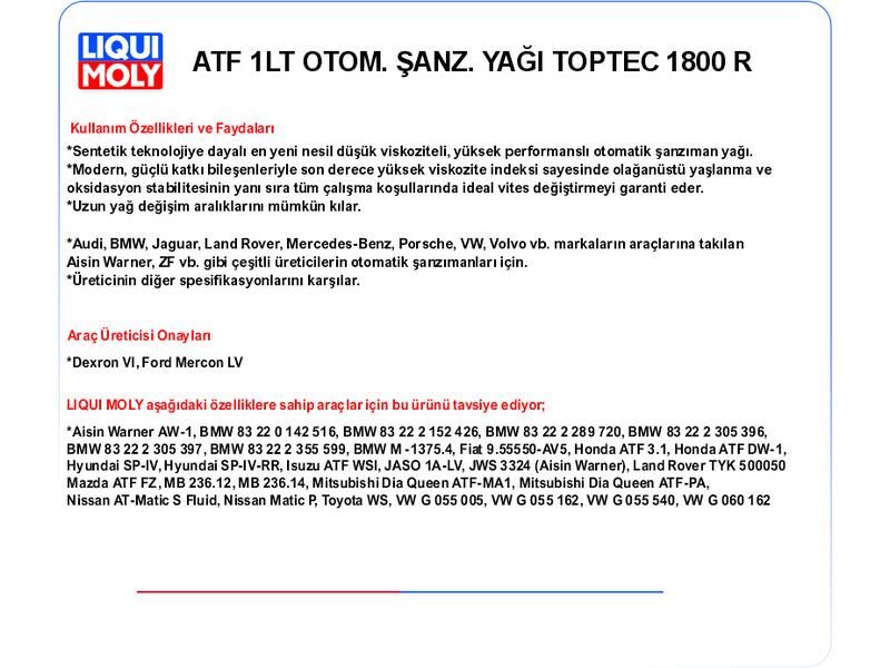 ATF 1LT OTOM. ŞANZ. YAĞ TOPTEC 1800 R