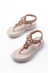 DM-609 Bej Taşlı Arka Lastikli Parmak Arası Kadın Sandalet