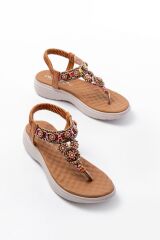DM-609 Taba Taşlı Arka Lastikli Parmak Arası Kadın Sandalet