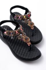 DM-609 Siyah Taşlı Arka Lastikli Parmak Arası Kadın Sandalet