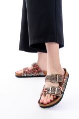 DN-07 Taba Günlük  Taş Aksesuarlı Kadın Terlik