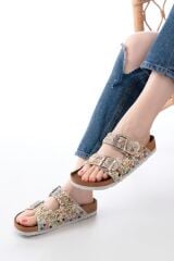 DN-07 Bej Günlük  Taş Aksesuarlı Kadın Terlik