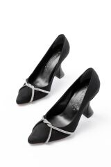 K-10 Siyah Süet Günlük Sarmal Taşlı Topuklu Kadın Ayakkabı