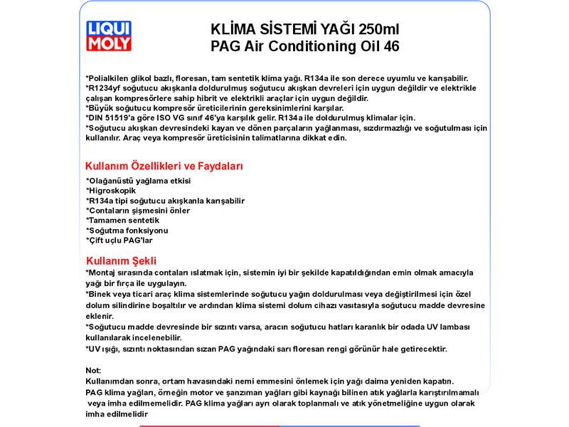 KLİMA SİSTEMİ YAĞI PAG46 250ml PAG AİR CONDİ­TİONİNG OİL 46