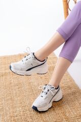 F-329 Beyaz Günlük Bağcıklı Lacivert Desenli Yazlık Spor Ayakkabı