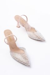 V-1005 Bej Günlük Arkası Açık Taşlı Topuklu Bayan Ayakkabı