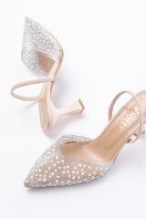 V-1005 Bej Günlük Arkası Açık Taşlı Topuklu Bayan Ayakkabı