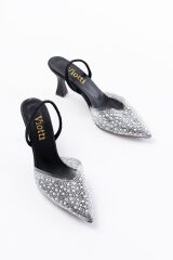 V-1005 Siyah Günlük Arkası Açık Taşlı Topuklu Bayan Ayakkabı