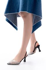 V-1005 Siyah Günlük Arkası Açık Taşlı Topuklu Bayan Ayakkabı