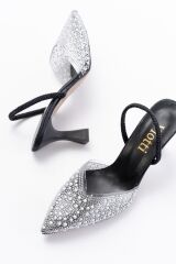 V-1005 Siyah Günlük Arkası Açık Taşlı Topuklu Bayan Ayakkabı