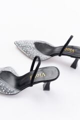 V-1005 Siyah Günlük Arkası Açık Taşlı Topuklu Bayan Ayakkabı