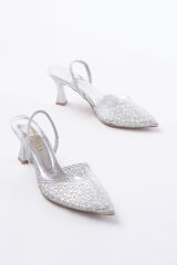 V-1005 Gümüş Günlük Arkası Açık Taşlı Topuklu Bayan Ayakkabı