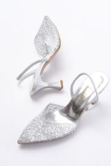 V-1005 Gümüş Günlük Arkası Açık Taşlı Topuklu Bayan Ayakkabı