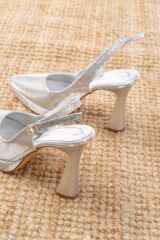 B-2101 Gümüş Günlük Arkası Açık Yılan Desenli Topuklu Bayan Ayakkabı