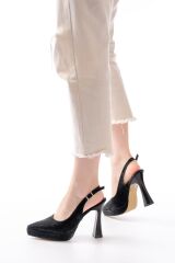 B-2101 Siyah Günlük Arkası Açık Yılan Desenli Topuklu Bayan Ayakkabı