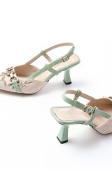 K-250 Fıstık Yeşili Keten Günlük Arkası Açık Tokalı Topuklu Kadın Ayakkabı