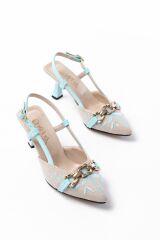 K-250 Mavi Keten Günlük Arkası Açık Tokalı Topuklu Kadın Ayakkabı