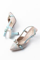 K-250 Mavi Keten Günlük Arkası Açık Tokalı Topuklu Kadın Ayakkabı