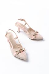 K-250 Pudra Keten Günlük Arkası Açık Tokalı Topuklu Kadın Ayakkabı